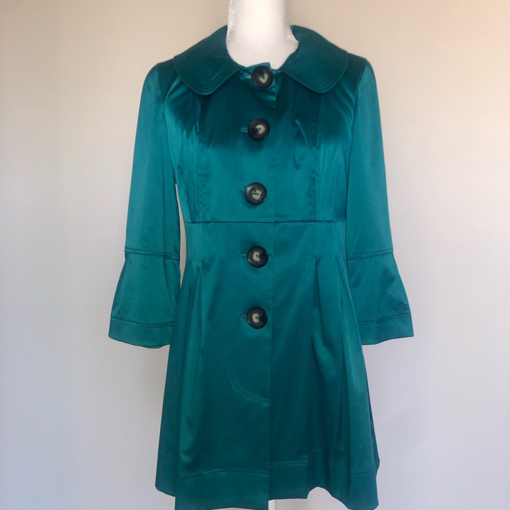 Beautiful teal colored SATIN COAT with bell sleeves & pockets